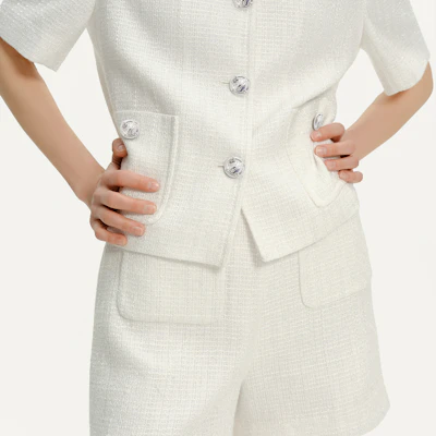 (W) 卡尔·拉格斐SS24白色圆领粗花呢短款夹克 E42W1529 Details for (W) 卡尔·拉格斐SS24白色圆领粗花呢短款夹克 E42W1529