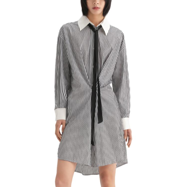 Lookbook (Women) KARL LAGERFELD Striped Waist Belt A-Line Long Sleeve Dress Women Multicolor 236L13E4