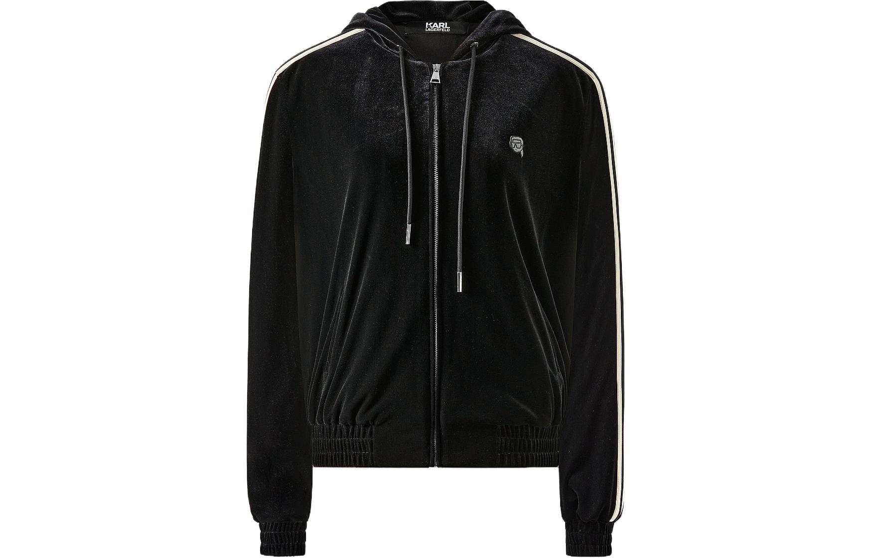 (Women) KARL LAGERFELD Striped Zip-Up Hoodie Women’s Black 236L1599