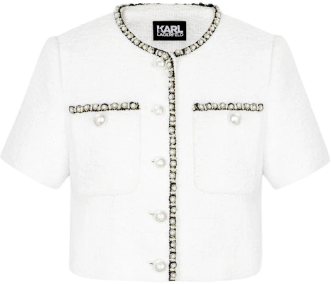 (W) 卡尔拉格斐 白色2024春夏粗花呢短夹克 E41W1511 Buy (W) 卡尔拉格斐 白色2024春夏粗花呢短夹克 E41W1511