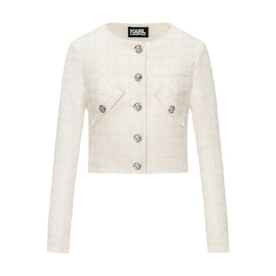 (Women) Karl Lagerfeld White Tweed Single-Breasted Long Sleeve Jacket E36W1528