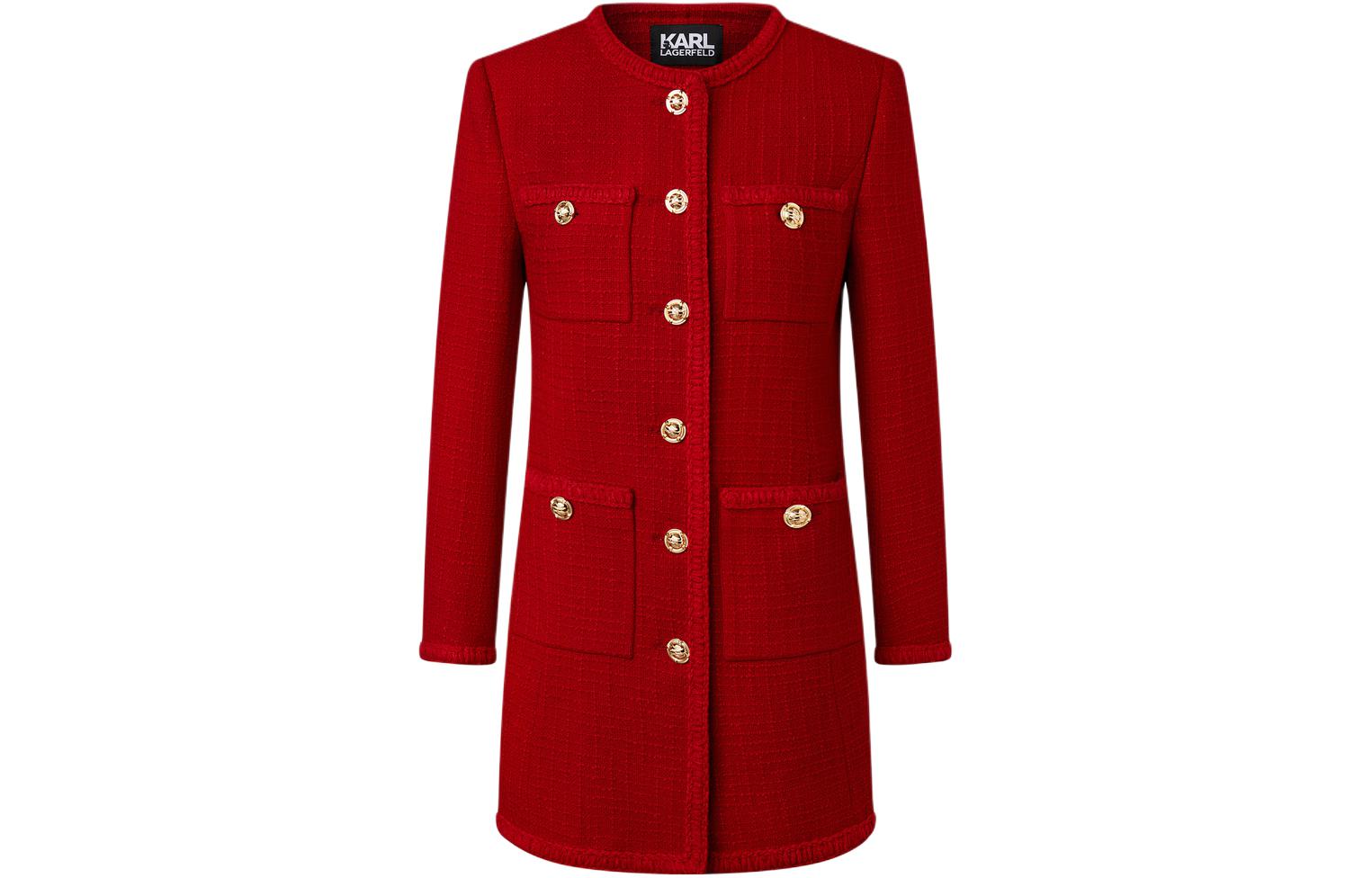(Women) KARL LAGERFELD Women’s Red Single-Breasted Tweed Mid-Length Jacket 226L1411