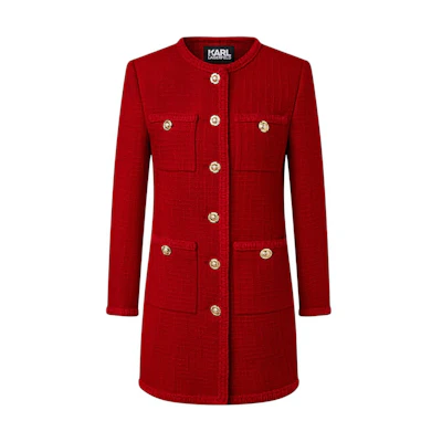 (Women) KARL LAGERFELD Women’s Red Single-Breasted Tweed Mid-Length Jacket 226L1411