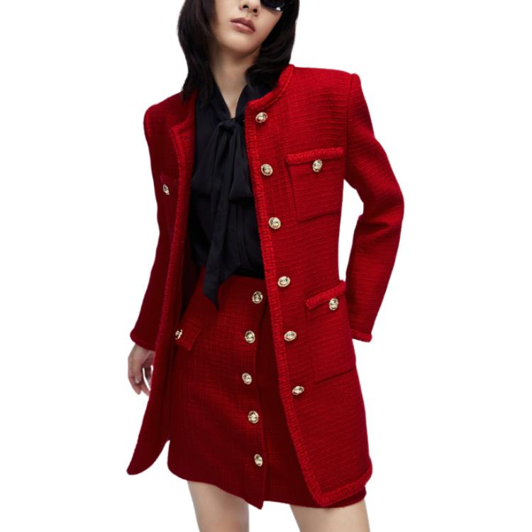 Lookbook (W) カールラガーフェルド レディース レッド ツイード シングルブレスト ミドル丈ジャケット 226L1411