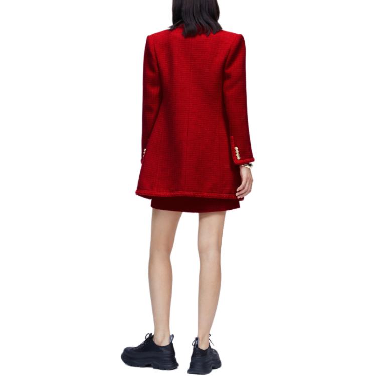 Shop (W) カールラガーフェルド レディース レッド ツイード シングルブレスト ミドル丈ジャケット 226L1411