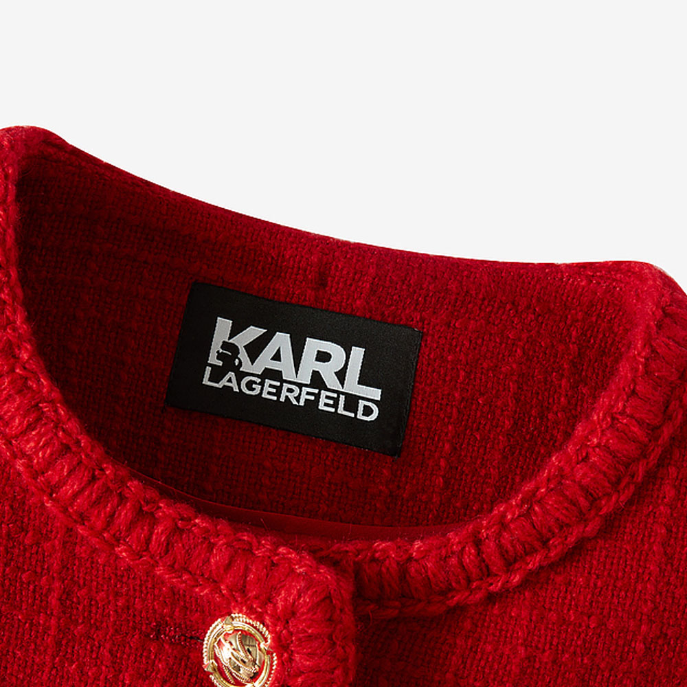 Details for (W) カールラガーフェルド レディース レッド ツイード シングルブレスト ミドル丈ジャケット 226L1411