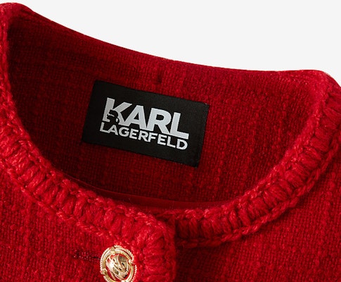 (W) カールラガーフェルド レディース レッド ツイード シングルブレスト ミドル丈ジャケット 226L1411 Details for (W) カールラガーフェルド レディース レッド ツイード シングルブレスト ミドル丈ジャケット 226L1411