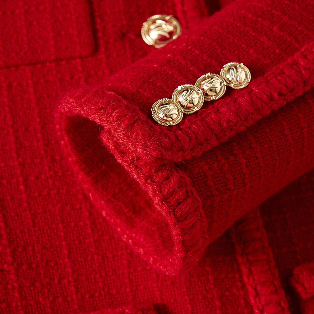 Sizing (W) カールラガーフェルド レディース レッド ツイード シングルブレスト ミドル丈ジャケット 226L1411