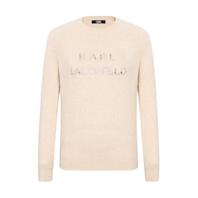 (Women) KARL LAGERFELD Women’s SS24 Beige Cashmere Sweater Long Sleeve Logo Crewneck. E41W2059