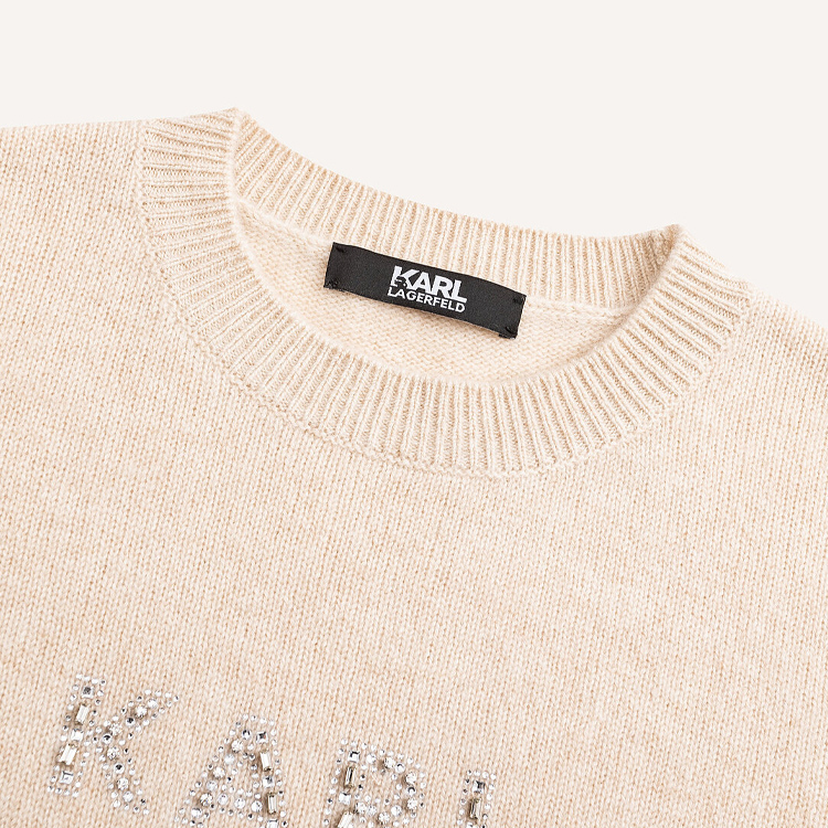 Shop (Women) KARL LAGERFELD Women’s SS24 Beige Cashmere Sweater Long Sleeve Logo Crewneck. E41W2059