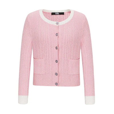 (Women) KARL LAGERFELD Women’s SS24 Colorblock Pink Knit Cardigan for Daily Wear. 241L2046