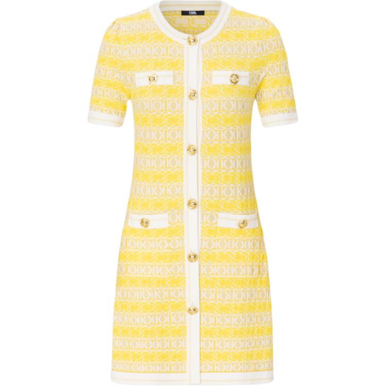 (Women) KARL LAGERFELD Women’s Yellow Short-Sleeve Color-Trim Buttoned Dress SS24. E41W1308