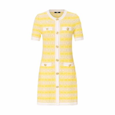 (Women) KARL LAGERFELD Women’s Yellow Short-Sleeve Color-Trim Buttoned Dress SS24. E41W1308