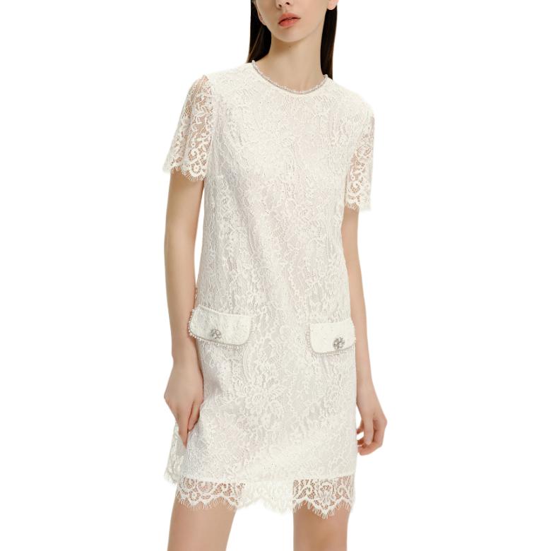 Lookbook (Women) KARL LAGERFELD Women White Lace Short-Sleeve Mini Dress SS24 Casual Wear E42W13A8
