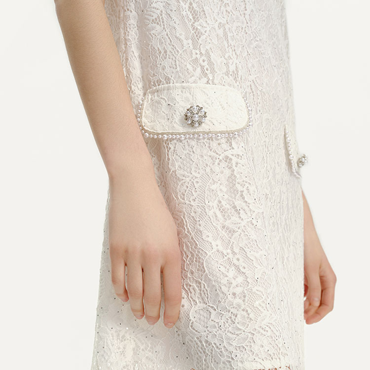 Sizing (Women) KARL LAGERFELD Women White Lace Short-Sleeve Mini Dress SS24 Casual Wear E42W13A8