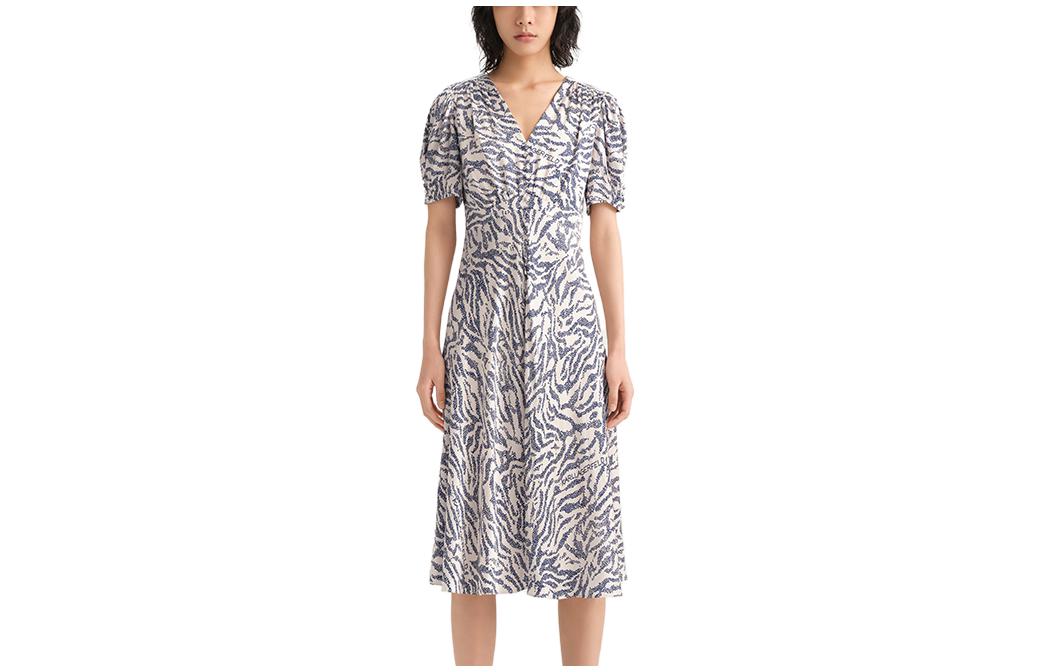 (Women) KARL LAGERFELD Zebra V-Neck Short Sleeve Dress White Blue E33L1337