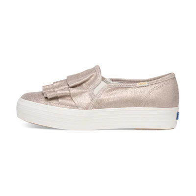 (W) Keds Triple Ruffle Glitter 'Pink Gold Slip-On'