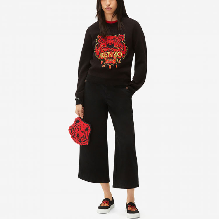 Lookbook (Women) KENZO  Black Embroidered Tiger Wool Sweater Long Sleeve Pullover. FC52PU645CXA-99