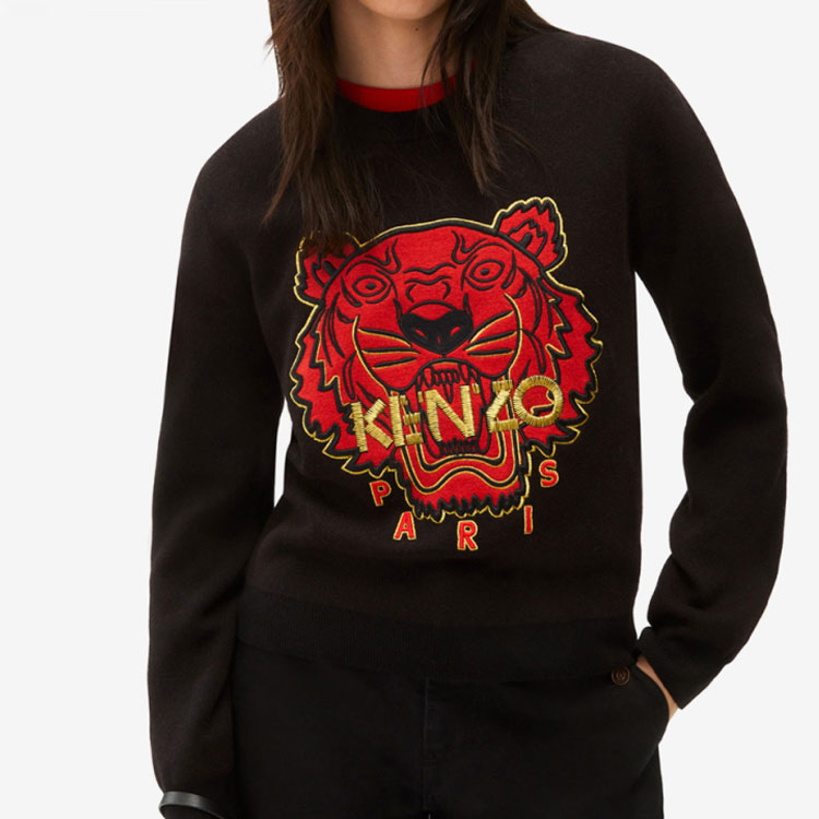 Shop (Women) KENZO  Black Embroidered Tiger Wool Sweater Long Sleeve Pullover. FC52PU645CXA-99