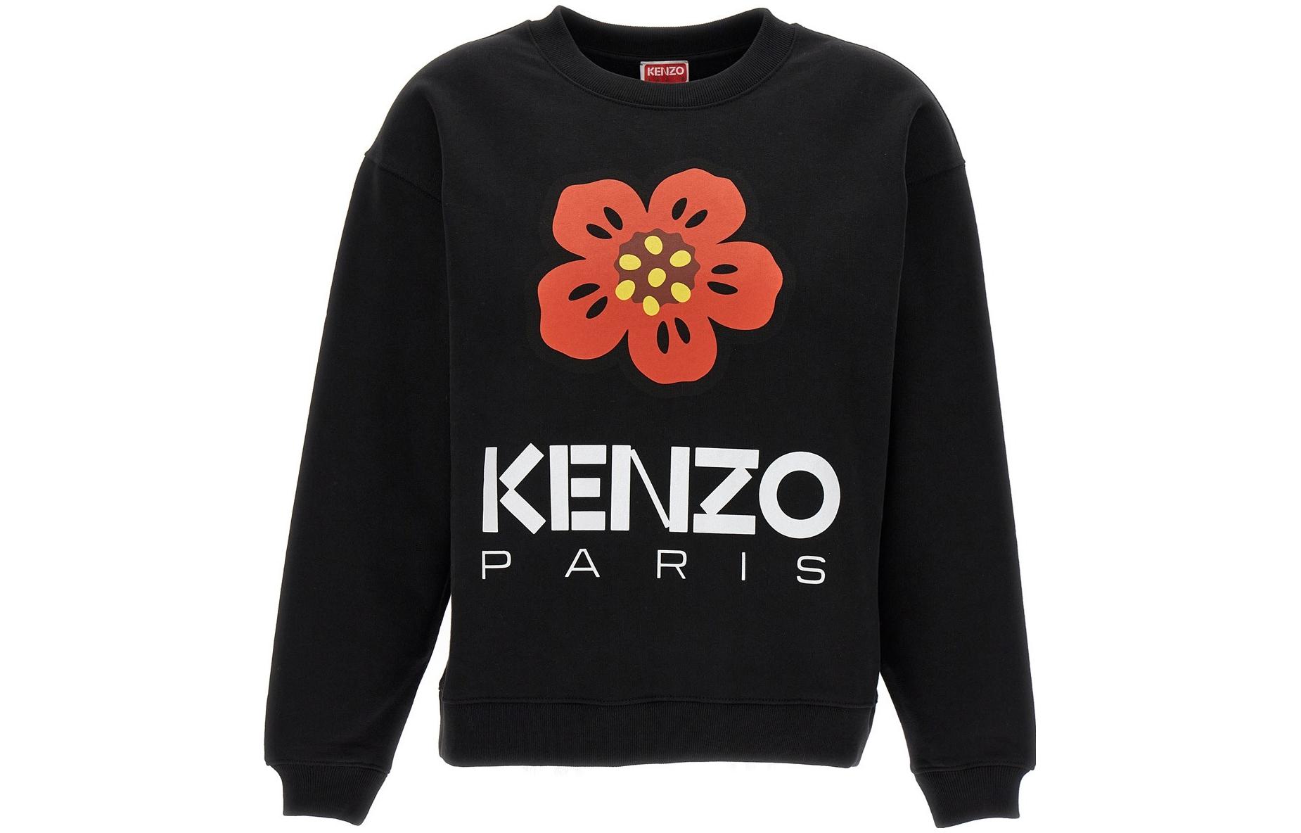 (Women) KENZO  Black Long Sleeve Sweatshirt with Boke Flower & Letter Design. FD52SW0364ME99J