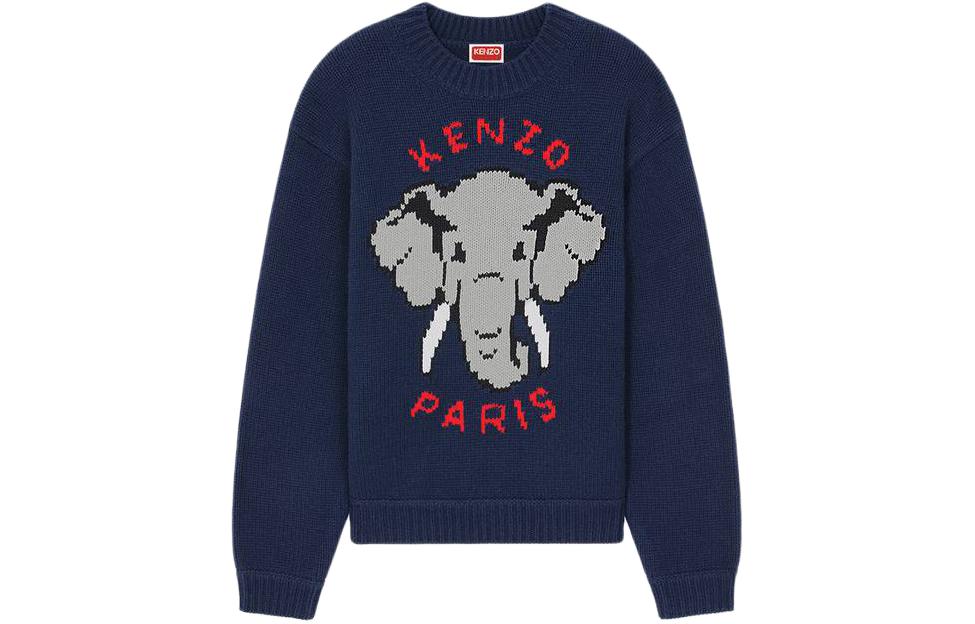 (Women) KENZO  Blue Elephant Wool Jumper Animal Print Crewneck Sweater FD52PU3653BA-77
