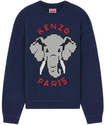 (W) ケンゾー ブルーエレファント ウールジャンパー アニマル柄 クルーネックセーター FD52PU3653BA-77 Buy (W) ケンゾー ブルーエレファント ウールジャンパー アニマル柄 クルーネックセーター FD52PU3653BA-77