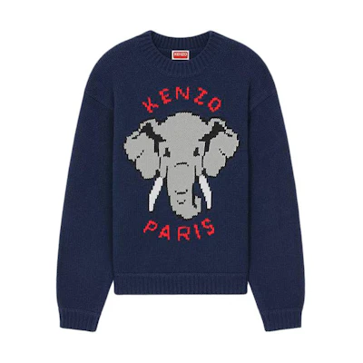 (Women) KENZO Blue Elephant Wool Jumper Animal Print Crewneck Sweater FD52PU3653BA-77