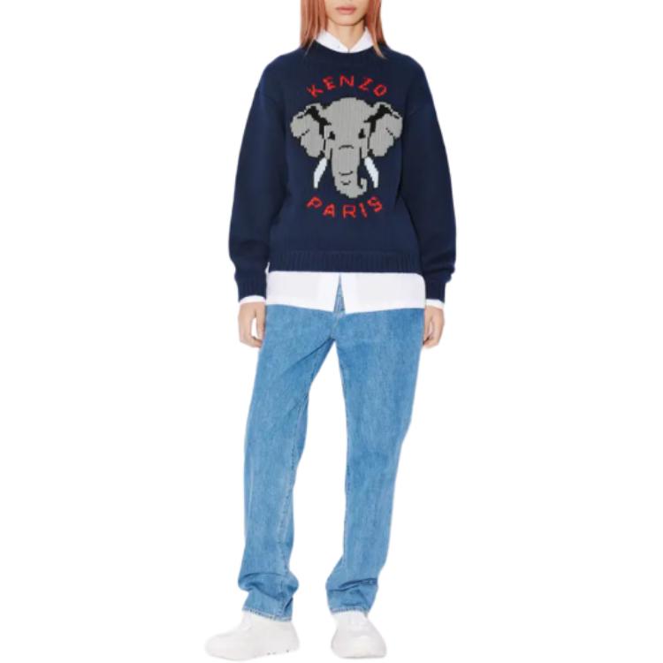 Shop (W) ケンゾー ブルーエレファント ウールジャンパー アニマル柄 クルーネックセーター FD52PU3653BA-77