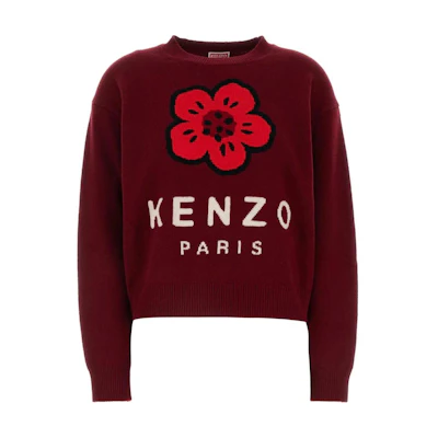 (Women) KENZO Floral Knit Crewneck Sweater Red Long Sleeve Short Style. FE62PU4903LD-23
