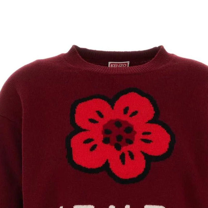 Shop (W) KENZO 紅色花卉針織短版長袖圓領毛衣 FE62PU4903LD-23