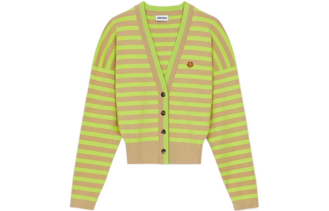 (Women) KENZO  Fluorescent Green V-Neck Striped Knit Cardigan. FB62CA6223CB-13
