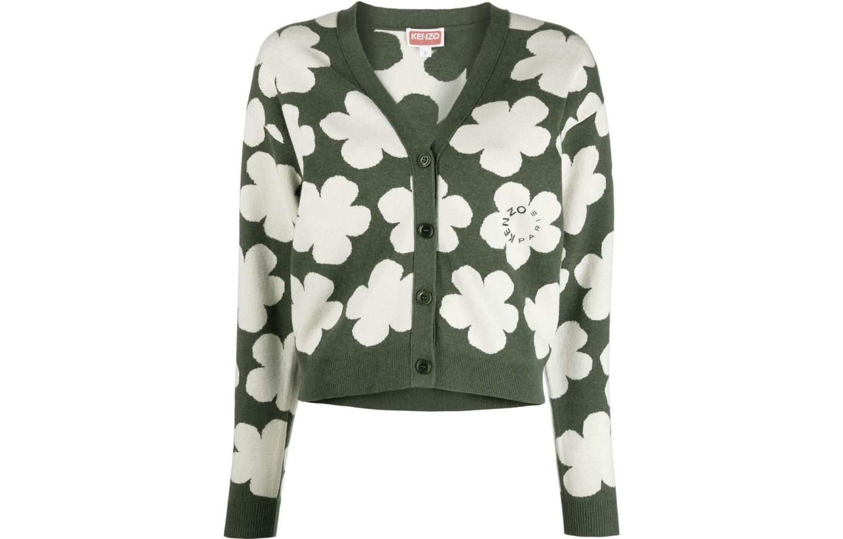 (Women) KENZO  Green Floral Jacquard Button-Up Wool Cardigan Sweater. FC62CA3263CO-51