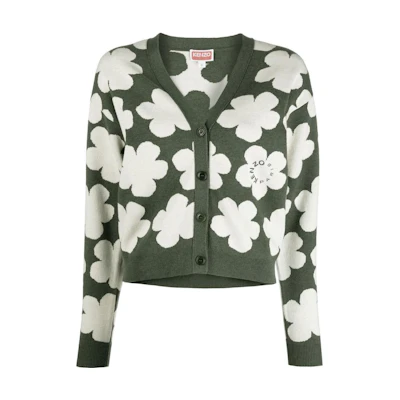 (Women) KENZO Green Floral Jacquard Button-Up Wool Cardigan Sweater. FC62CA3263CO-51