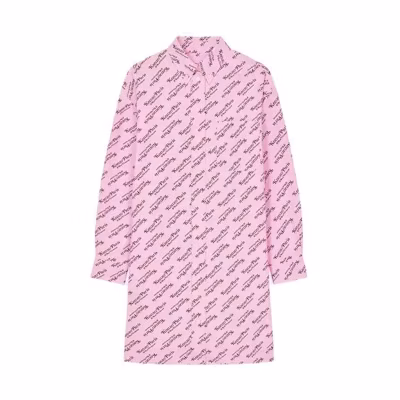 (Women) KENZO Letter Print Button-Up Long Sleeve Dress - Rose Pink FE52RO0929D2-30