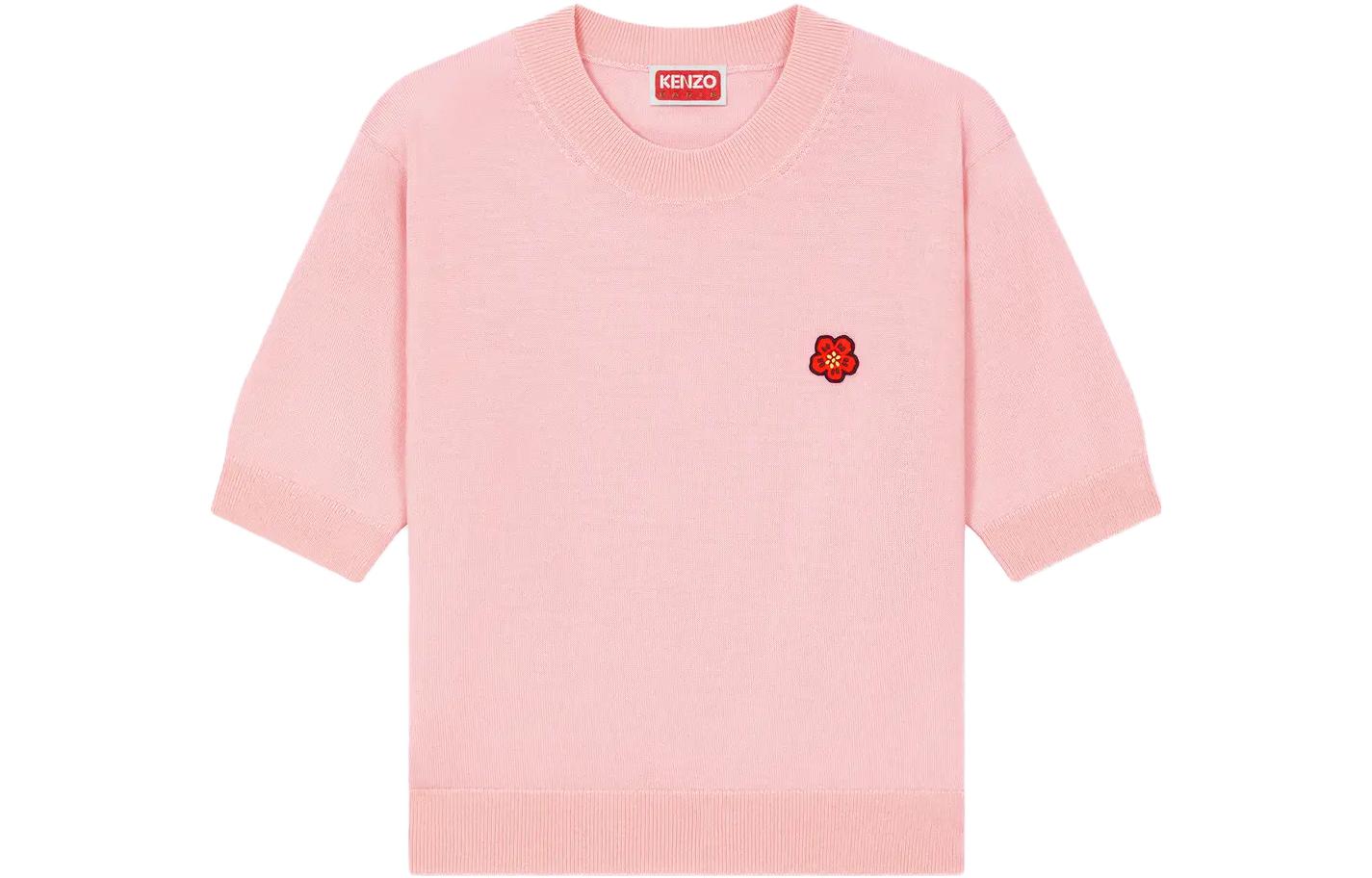 (Women) KENZO  Pink Floral Inlay Crewneck Short-Sleeve Sweater. FE52PU3833LB-34
