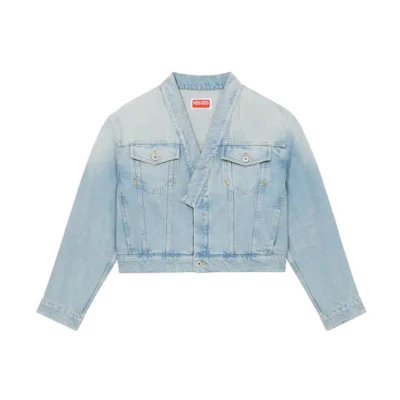 (Women) KENZO Solid V-Neck Cropped Denim Jacket Light Blue FD62DV2426B8-DS