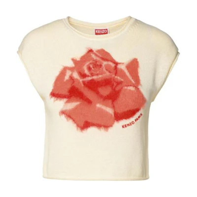 (Women) KENZO White Slim Fit Short Sleeve T-Shirt with Logo Print & Embroidery FE52PU4683BM-02