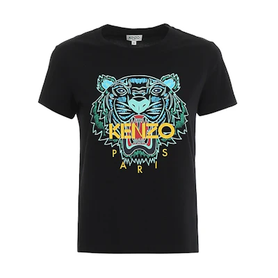 (Women) KENZO Black Short Sleeve T-Shirt with Tiger Head Graphic. FA52TS7214YB-99B