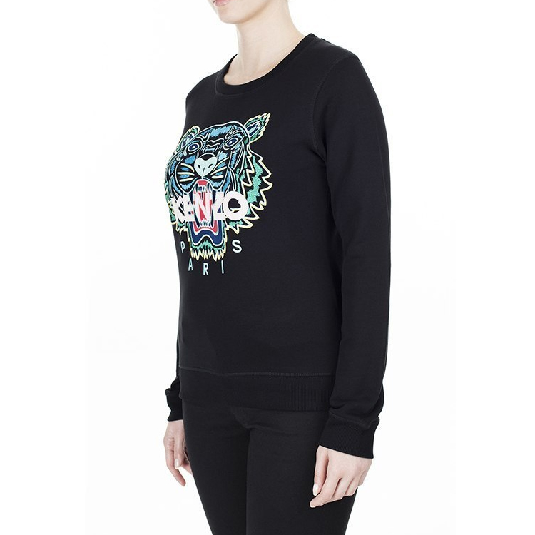Shop (W) KENZO黑色虎頭刺繡純棉圓領長袖上衣 FA5-2SW705-4XA-99