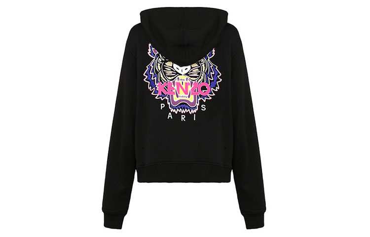 (Women) KENZO Black Zip-Up Hoodie with Embroidered Tiger Head on Back F962BL7214XA-99