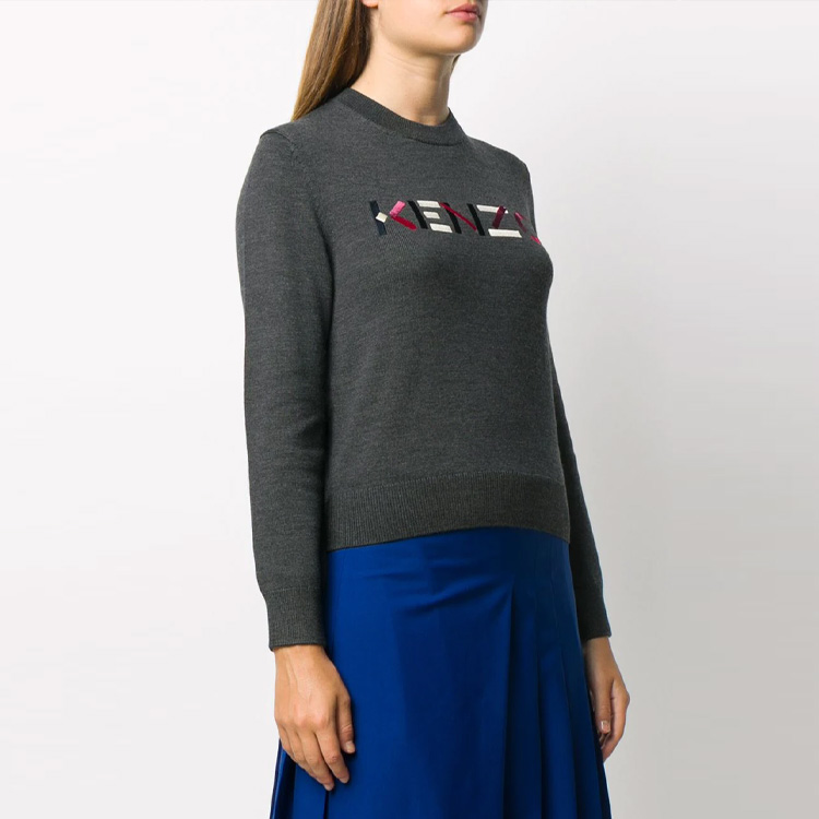 Shop (W) KENZO Baju Sejuk Rajut Wool Logo Sulaman Kelabu Gelap FA62PU5413LA-97