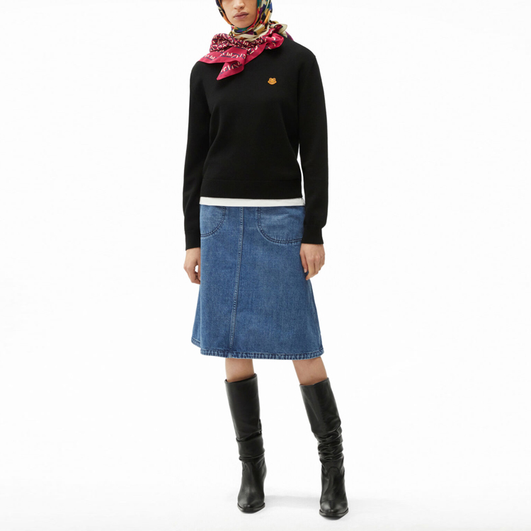 Shop (Women) Kenzo FW21 Black Merino Wool Crewneck Sweater with Tiger Embroidery FB62PU6423TA-99