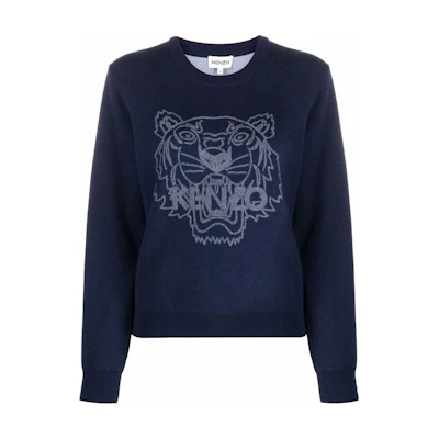 (Women) KENZO FW21 Tiger Embroidered Knit Sweatshirt Navy Blue. FB62PU6453XA-79