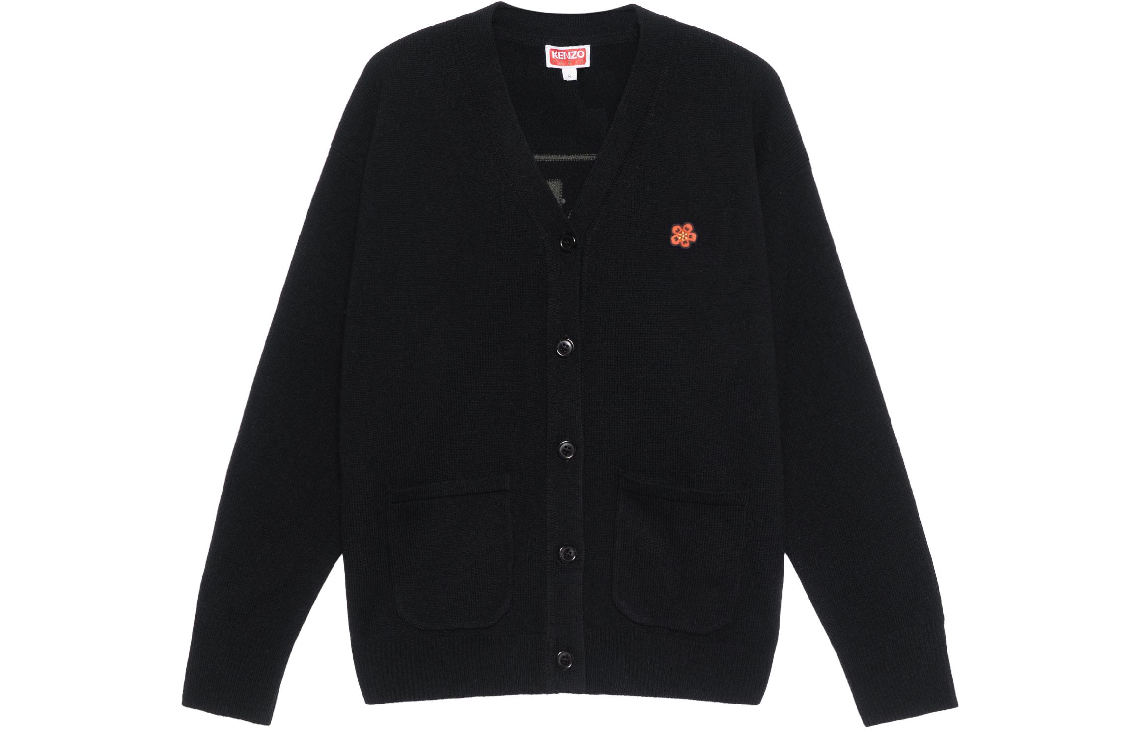 (Women) KENZO FW22  Black Wool Cardigan Sweater with Letter Logo V-neck Design FC62CA3423LC-99