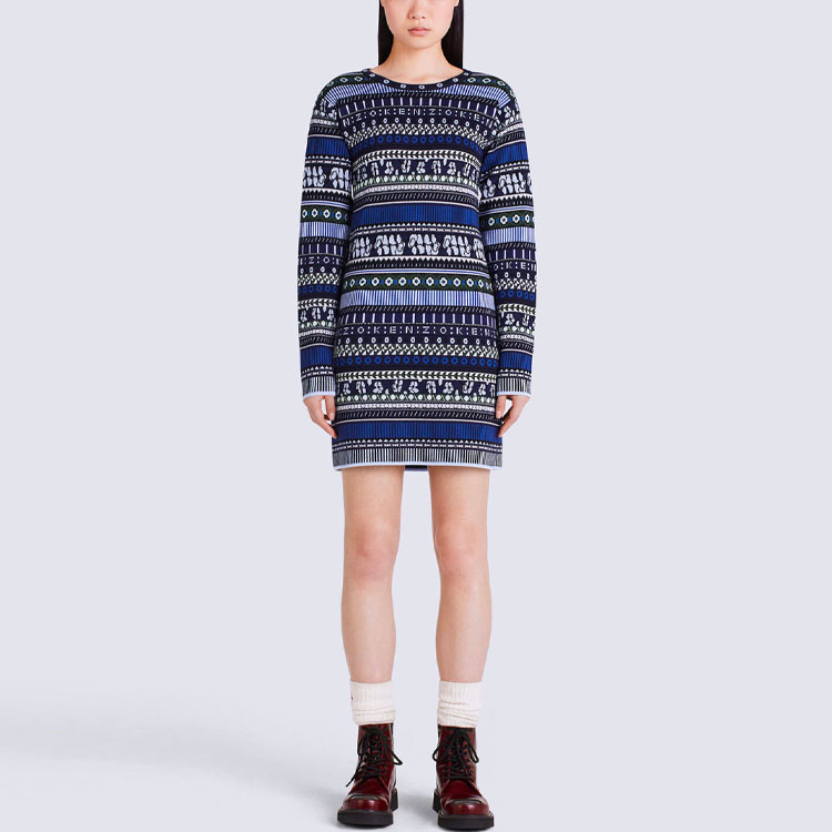 Shop (W) KENZO FW22 蓝色提花条纹长袖连衣裙 FC62RO3183CD-64