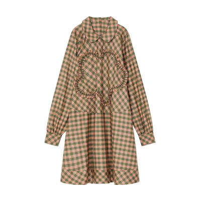 (Women) KENZO FW22 Orange Plaid Flare Long Sleeve Dress. FC62RO1039FD-30