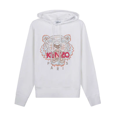 (Women) KENZO FW22 White Cotton Hoodie with Tiger Logo Embroidery. FC62SW8714XL-01B