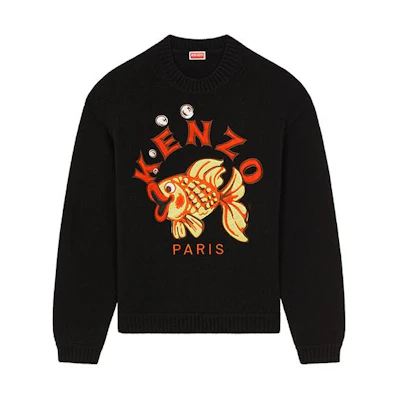(Women) KENZO FW23 Black Crew Neck Knit Sweater with Animal Letter Print. FD62PU4233BI-99J