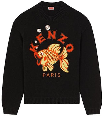 (Women) KENZO FW23 Black Crew Neck Knit Sweater with Animal Letter Print. FD62PU4233BI-99J Order (Women) KENZO FW23 Black Crew Neck Knit Sweater with Animal Letter Print. FD62PU4233BI-99J