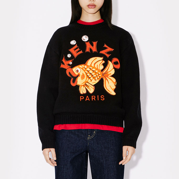 Shop (Women) KENZO FW23  Black Crew Neck Knit Sweater with Animal Letter Print. FD62PU4233BI-99J